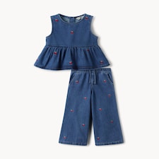 F&F Girls Pure Cotton Embroidered Vest and Trousers Set in Blue