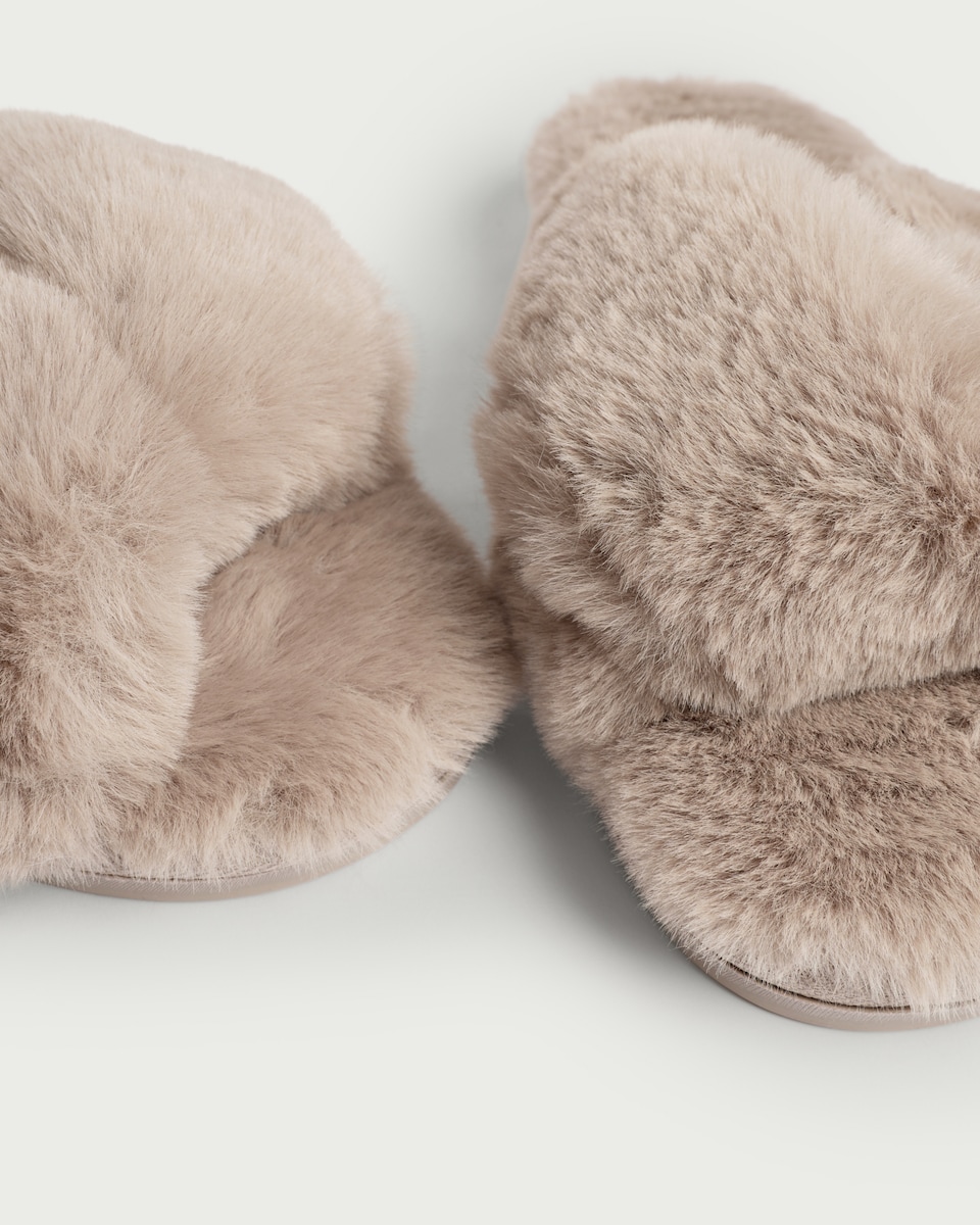 image 1 of F&F Faux Fur Crossover Slippers in Neutral