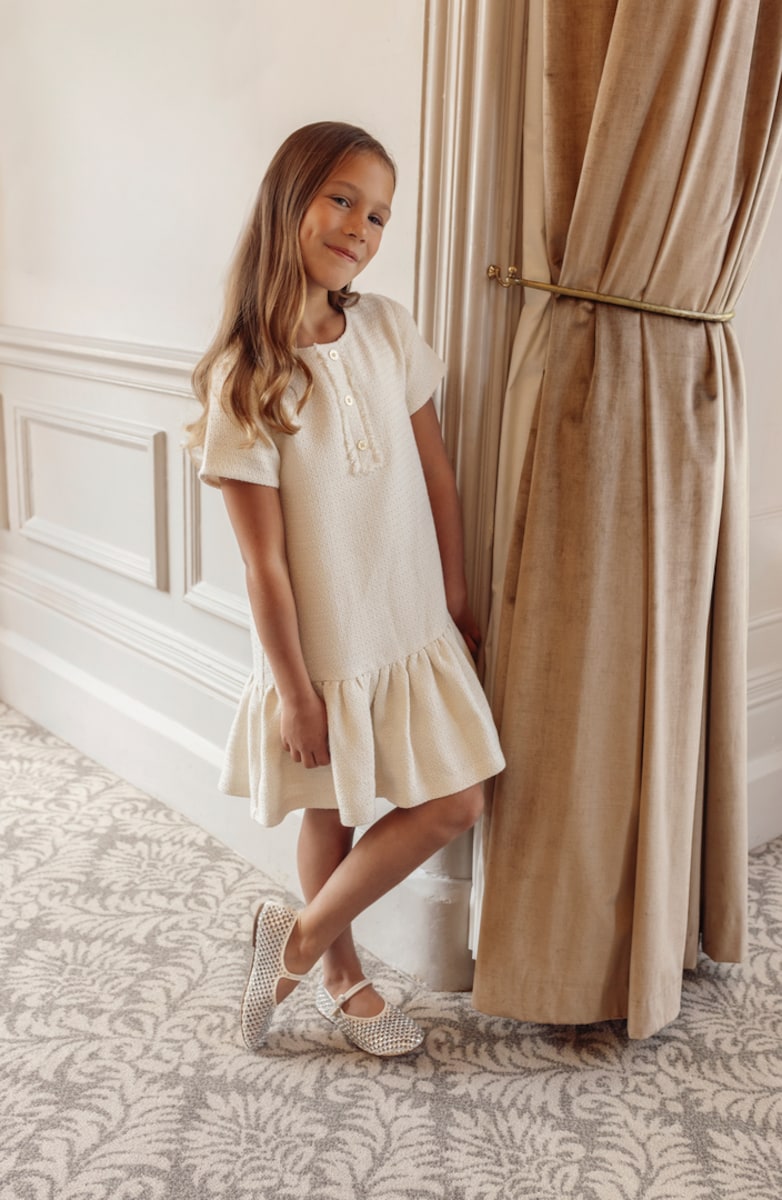 image 1 of F&F x Samantha Faiers Tweed Button Detail Dress in Cream