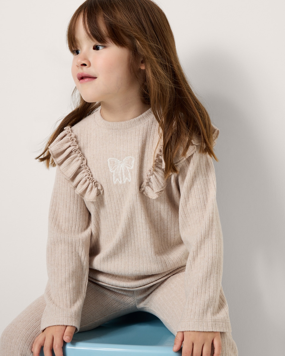 image 1 of F&F Girls Ribbed Top and Flared Leggings Set in Tan
