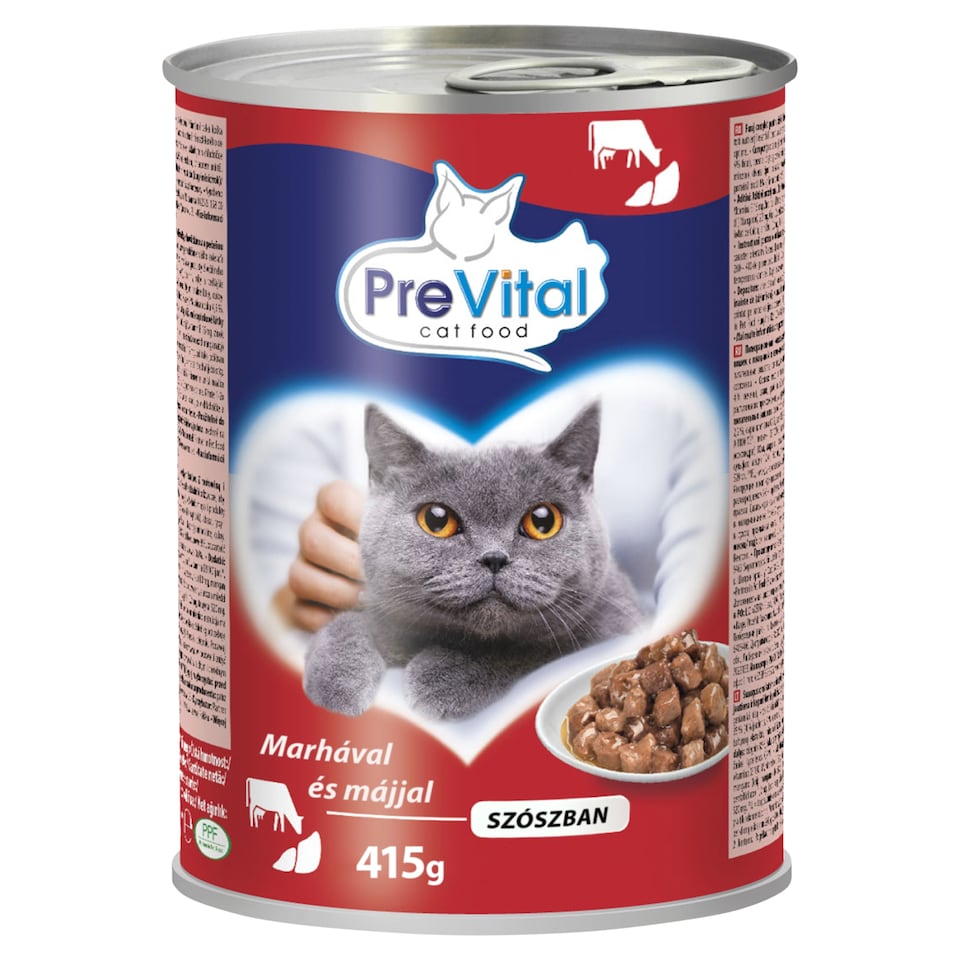 PreVital nedves macskaeledel, macskatáp felnőtt macskáknak marhával, májjal szószban konzerv 415 g  1. kép
