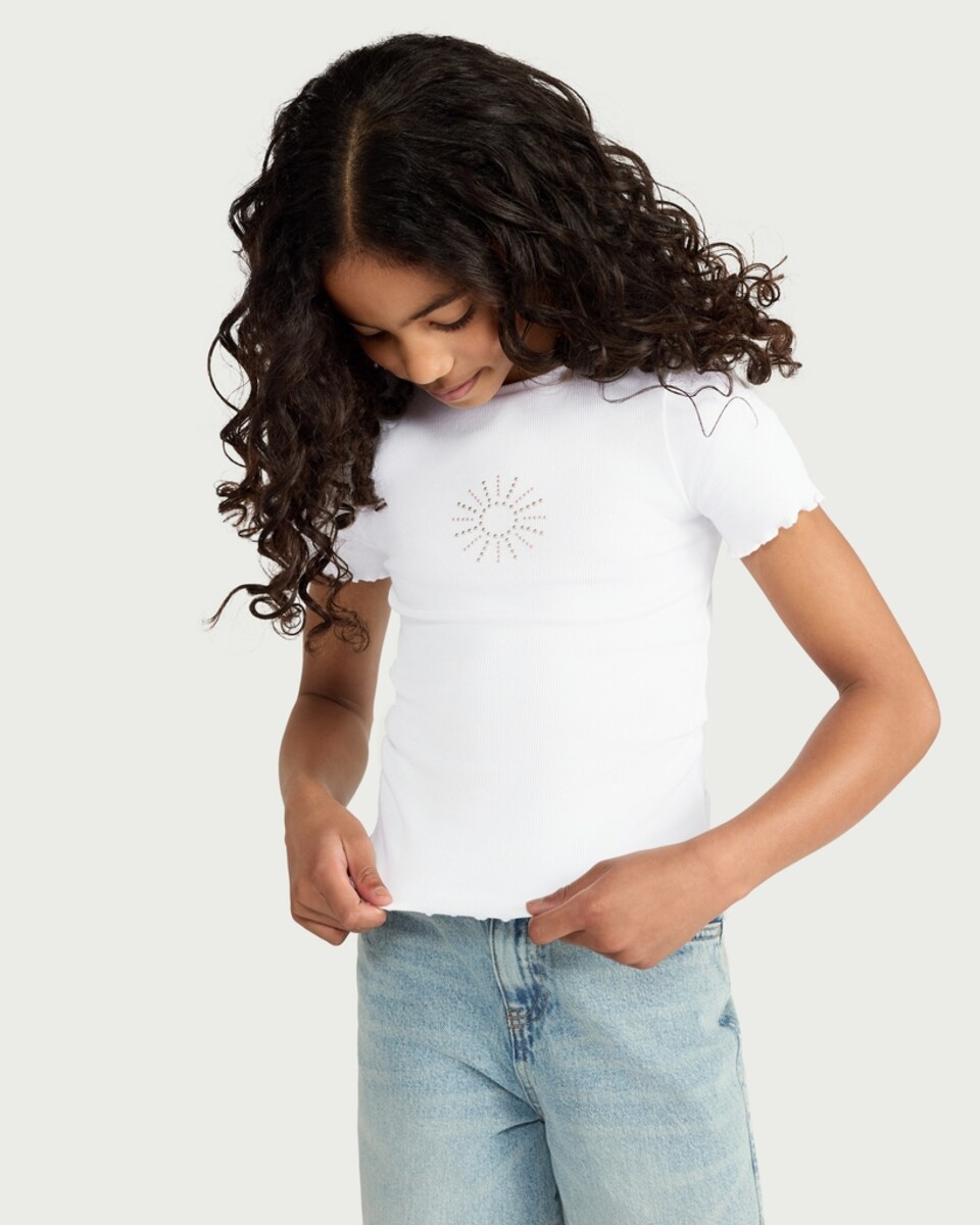image 1 of F&F Girls Cotton Rich Ribbed Sunshine Embellished T-Shirt in White