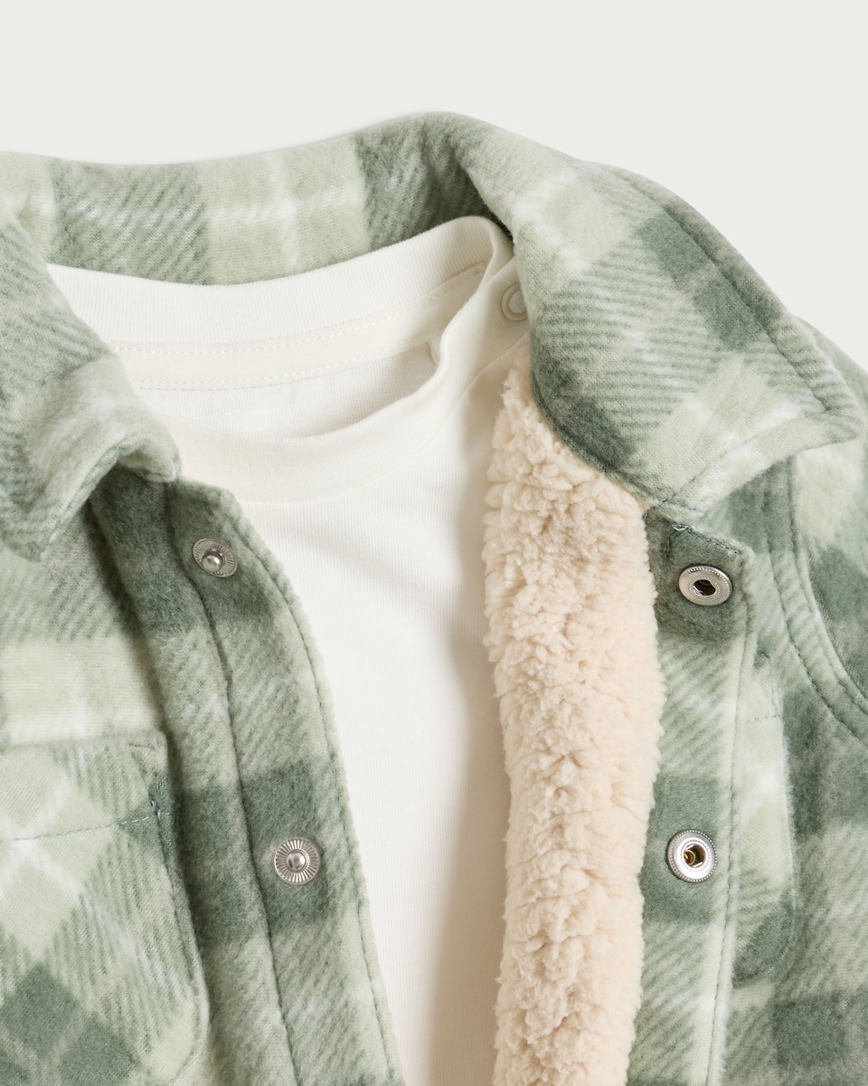 image 1 of F&F Baby 3-Piece Check Shacket, Tee & Jeans Set in Green
