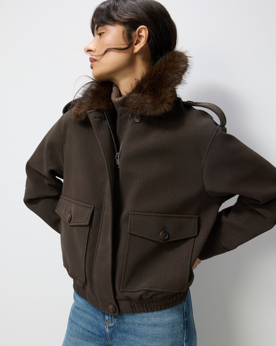 image 1 of F&F Faux Fur Collared Jacket in Brown
