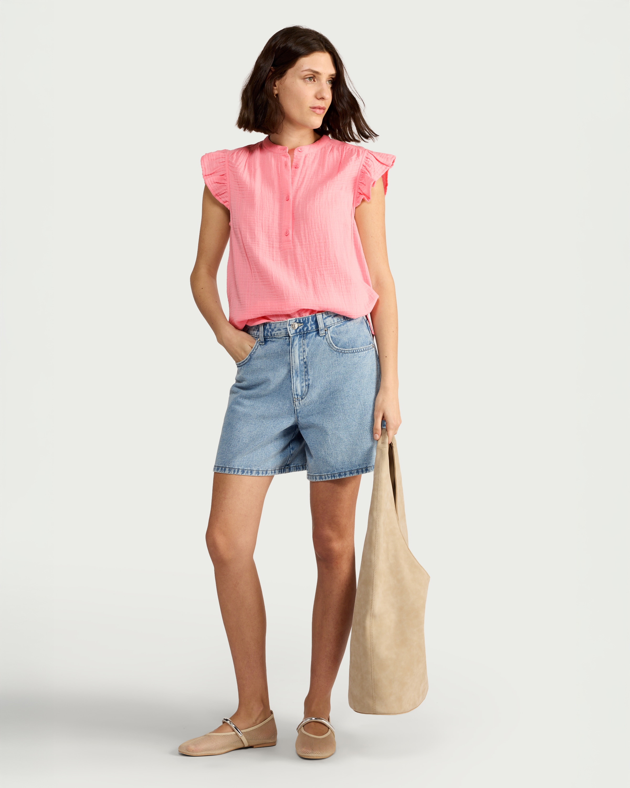 F&F Pure Cotton Double Cloth Ruffle Sleeved Blouse in Pink
