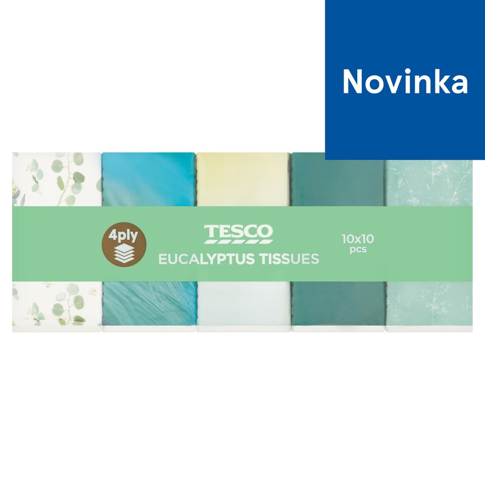 Tesco Papierové vreckovky parfumované eucalyptus 4 vrstvy 10 x 10 ks