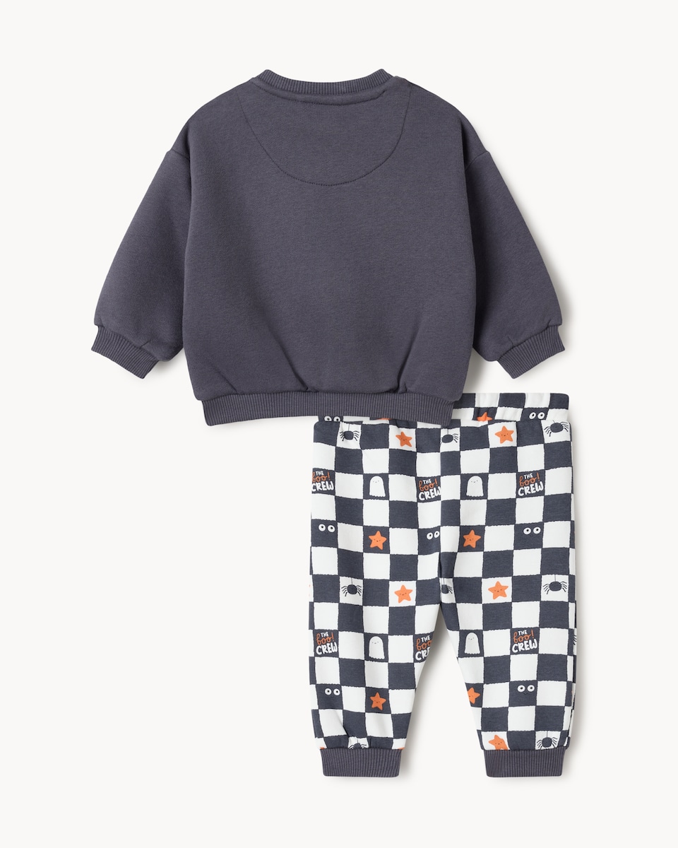 image 1 of F&F Baby Cotton Rich Halloween Boo Crew Sweatshirt and Joggers Set in Grey