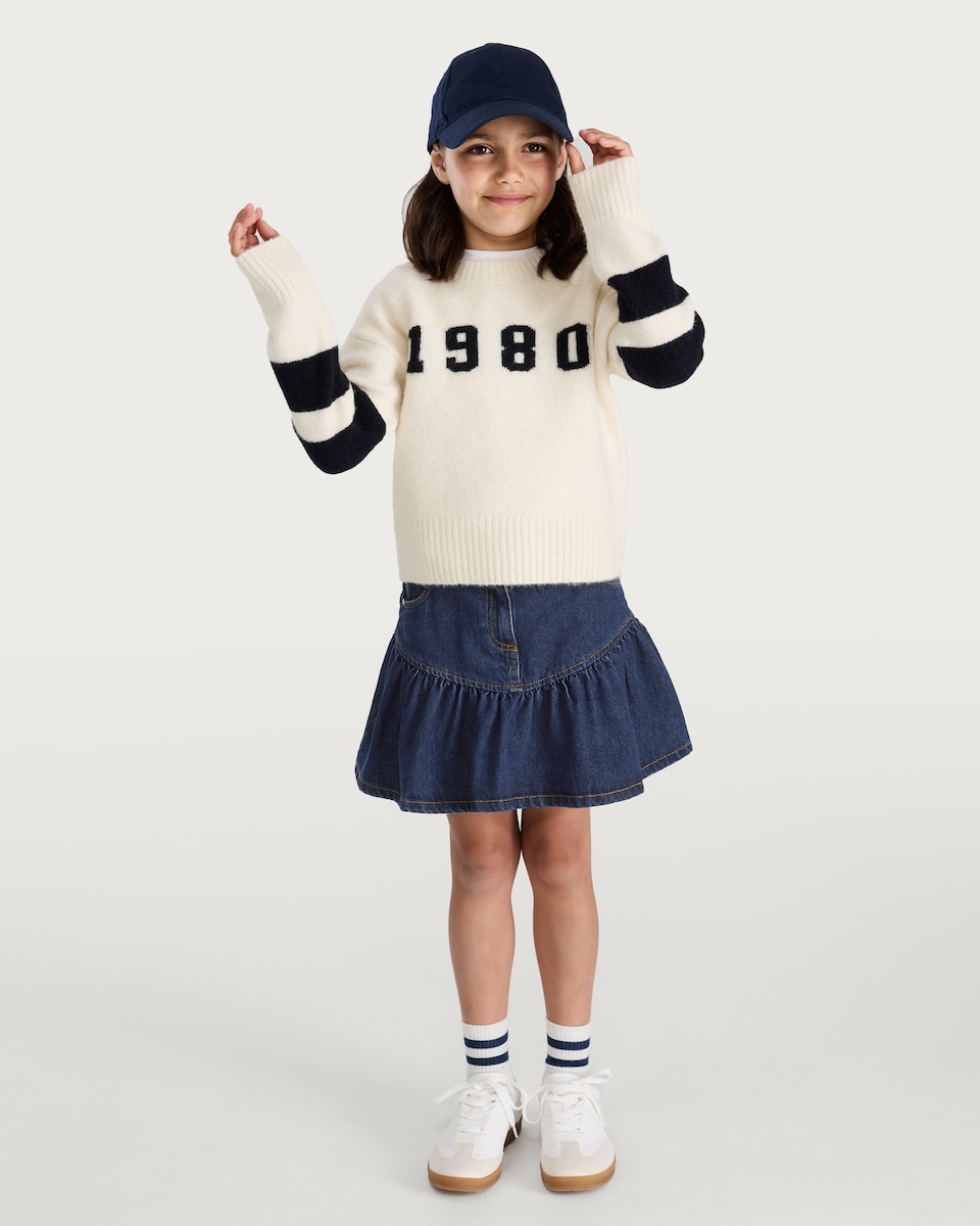 image 1 of F&F Girls Pure Cotton Tiered Denim Skirt in Blue