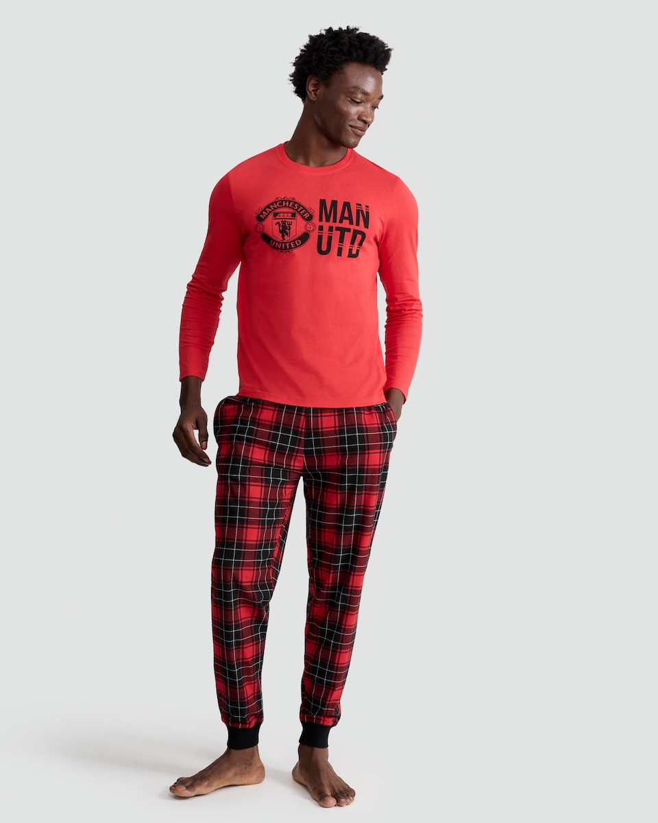 image 1 of Manchester United 2-Piece Top and Fleece Bottoms Pyjama Set in Red