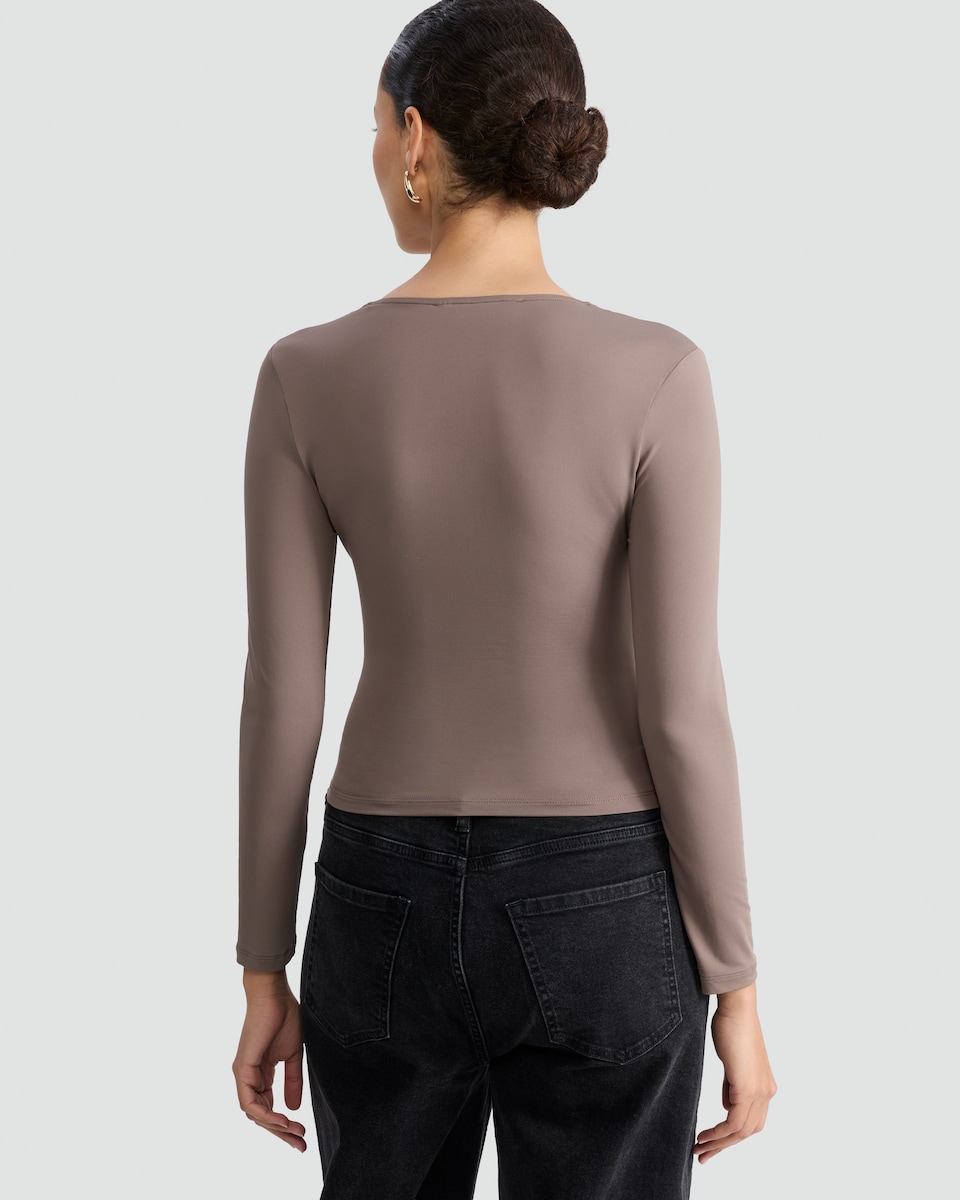 image 1 of F&F Polyamide Long Sleeved Wrap Top in Tan