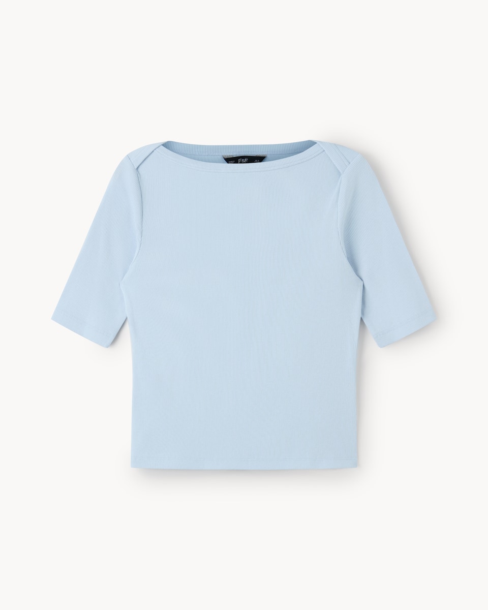 image 1 of F&F Cotton Rich Boat Neck Top in Blue