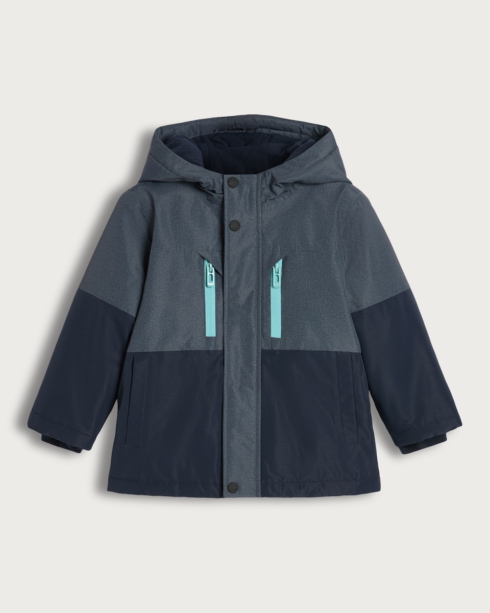 image 1 of F&F Boys Hooded Colour Block Waterproof Ski Jacket in Multi
