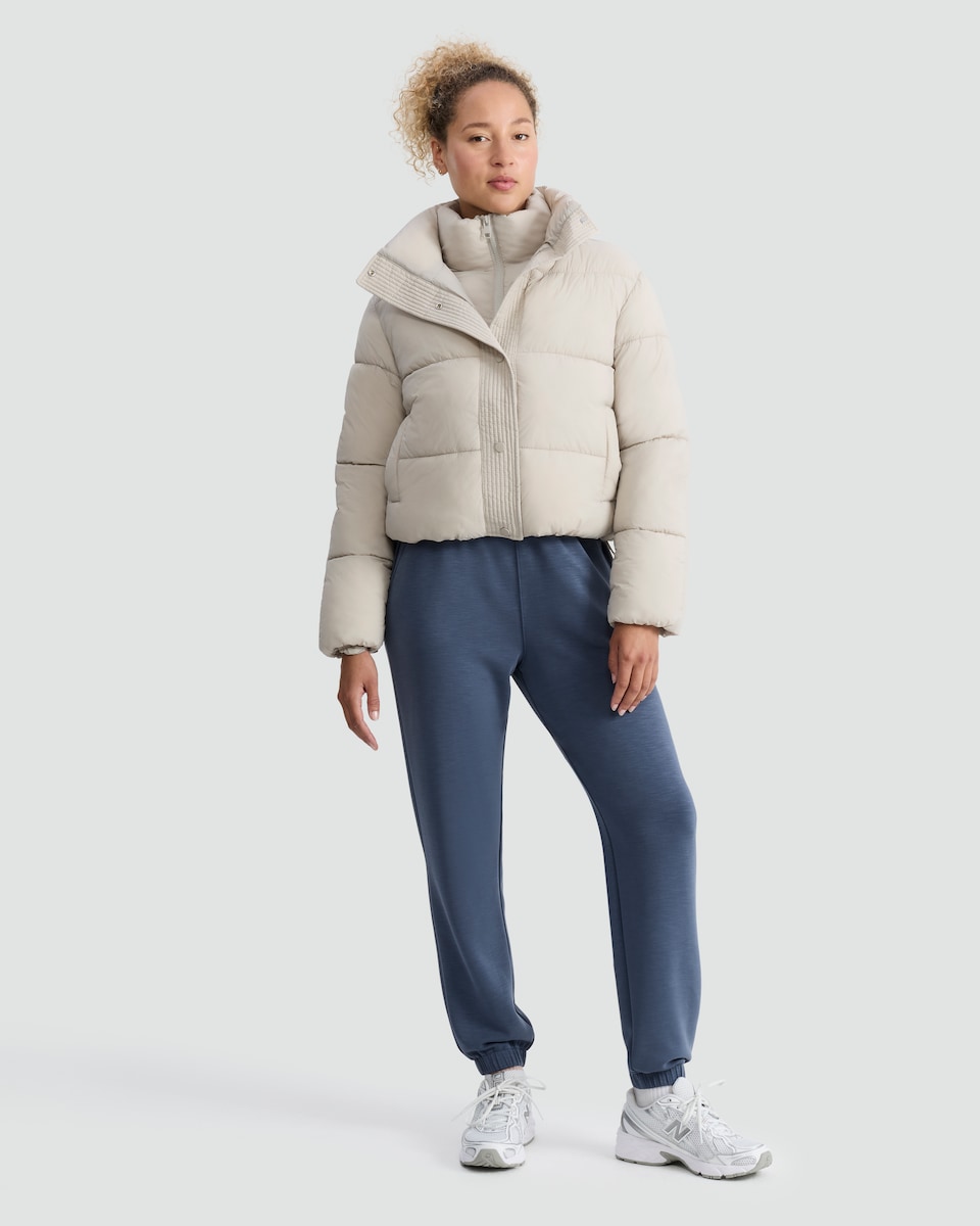 image 1 of F&F Active Cropped High Neck Puffer Jacket in Neutral