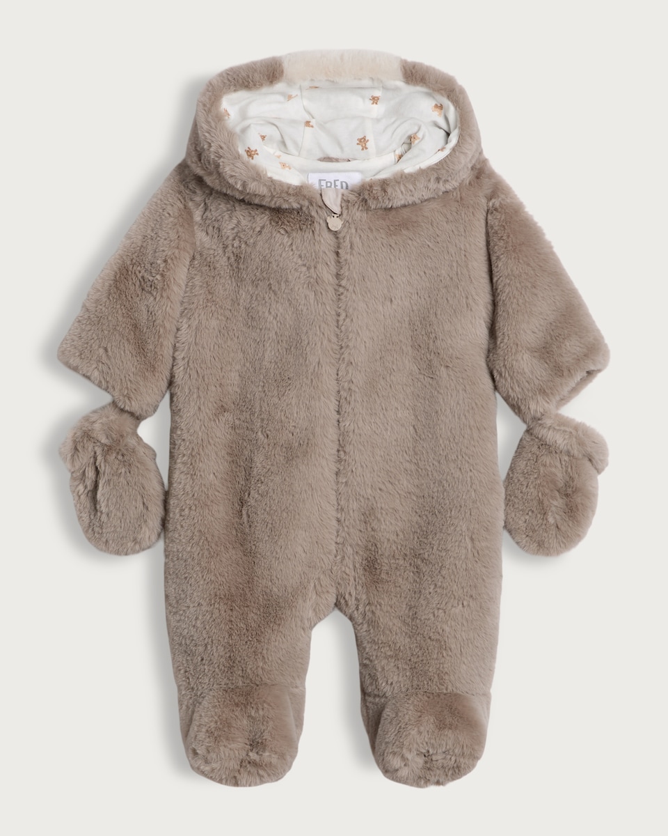 image 1 of F&F Baby Faux Fur Bear Hooded Pram Suit in Brown