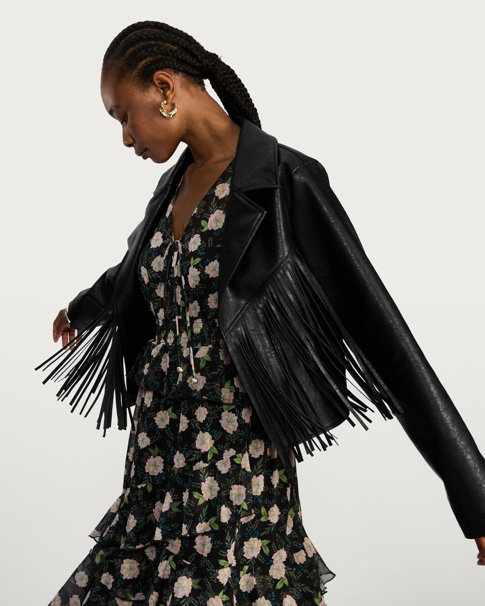 image 1 of F&F Faux Leather Fringed Jacket in Black