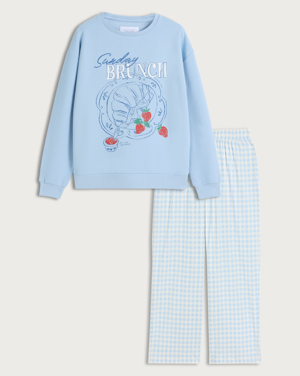 image 1 of F&F Cotton Rich Sunday Brunch Slogan Pyjama Set in Blue