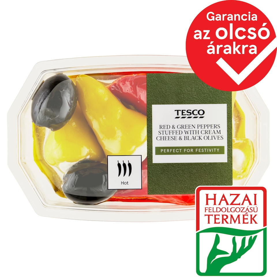 Tesco krémsajttal töltött marinált zöld és piros paprika és fekete olívabogyó repceolajban 150 g