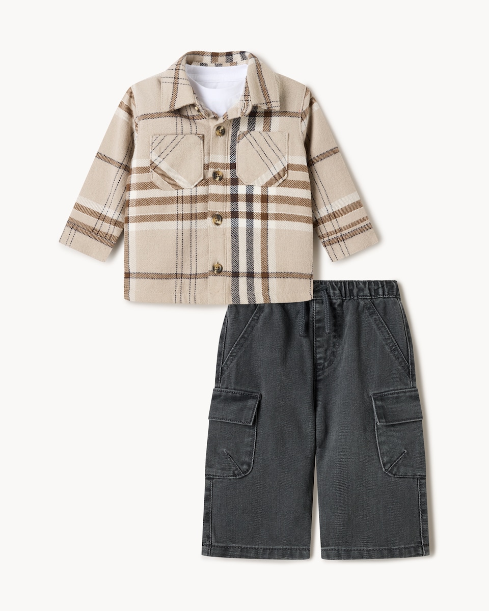 image 1 of F&F Baby Pure Cotton Check Shirt, T-Shirt and Cargo Jeans Set in Neutral