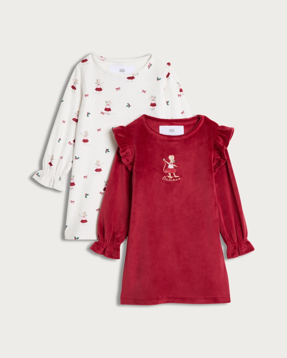 image 1 of F&F 2-Pack Frill Cuff Pyjama Dresses in Multi