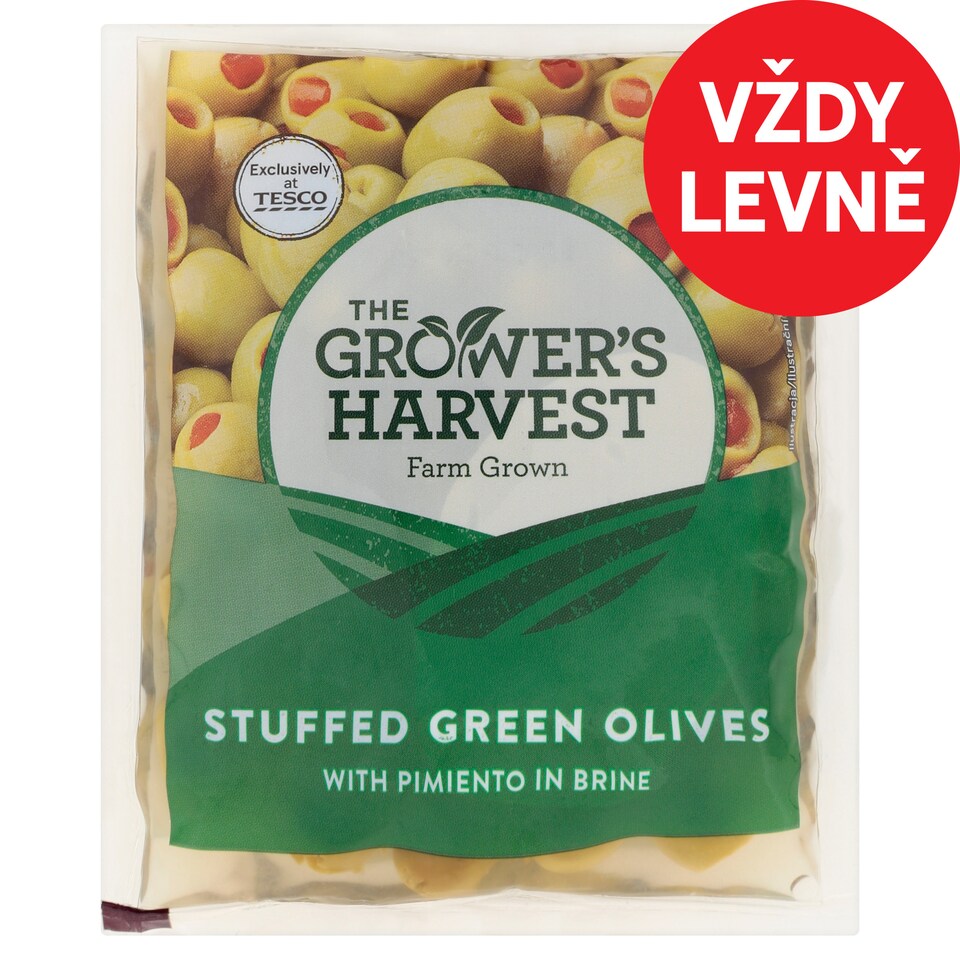 The Grower's Harvest Zelené olivy plněné paprikovou pastou ve slaném nálevu 195g