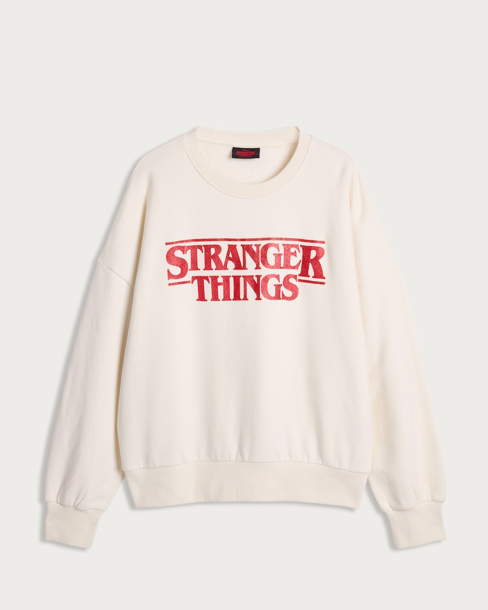 image 1 of Stranger Things Cotton Rich Slogan Sweatshirt in Cream