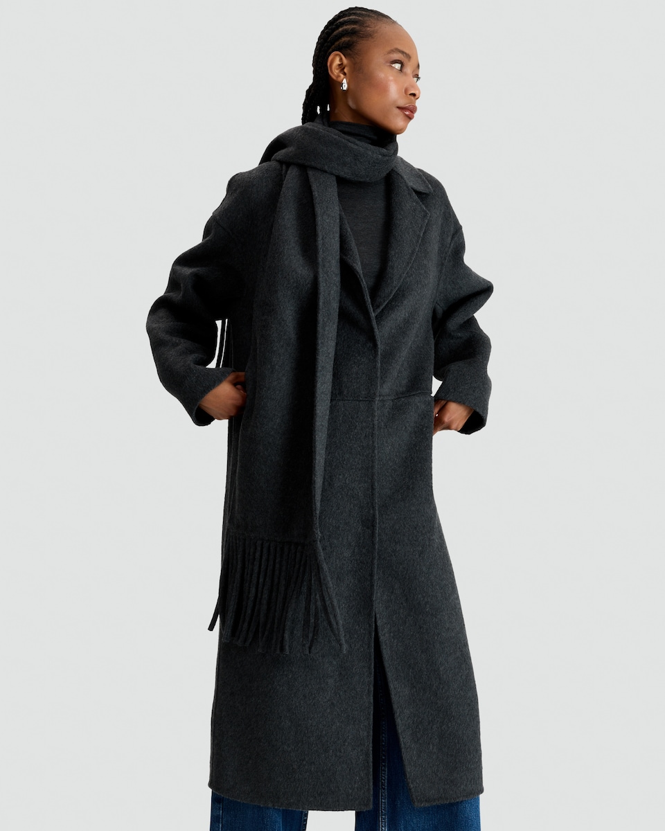 image 1 of F&F Wool Blend Fringed Scarf Formal Coat in Grey