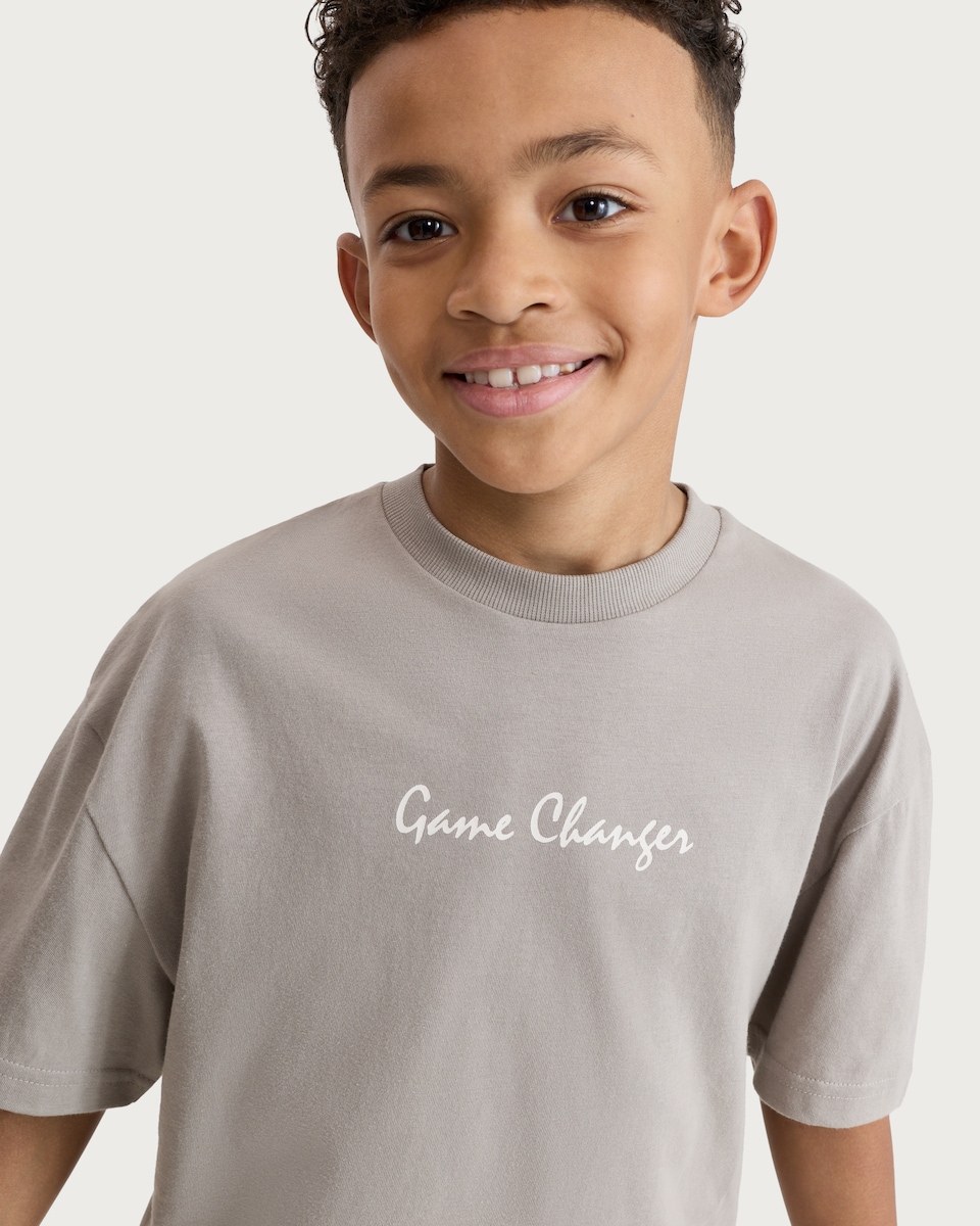 image 1 of F&F Boys Pure Cotton Printed Oversized Fit T-Shirt in Tan