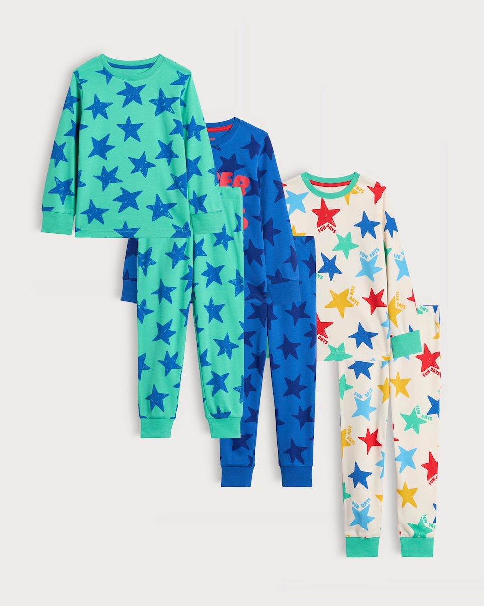 image 1 of F&F Boys 3-Pack Pure Cotton Star Print Pyjama Sets in Multi