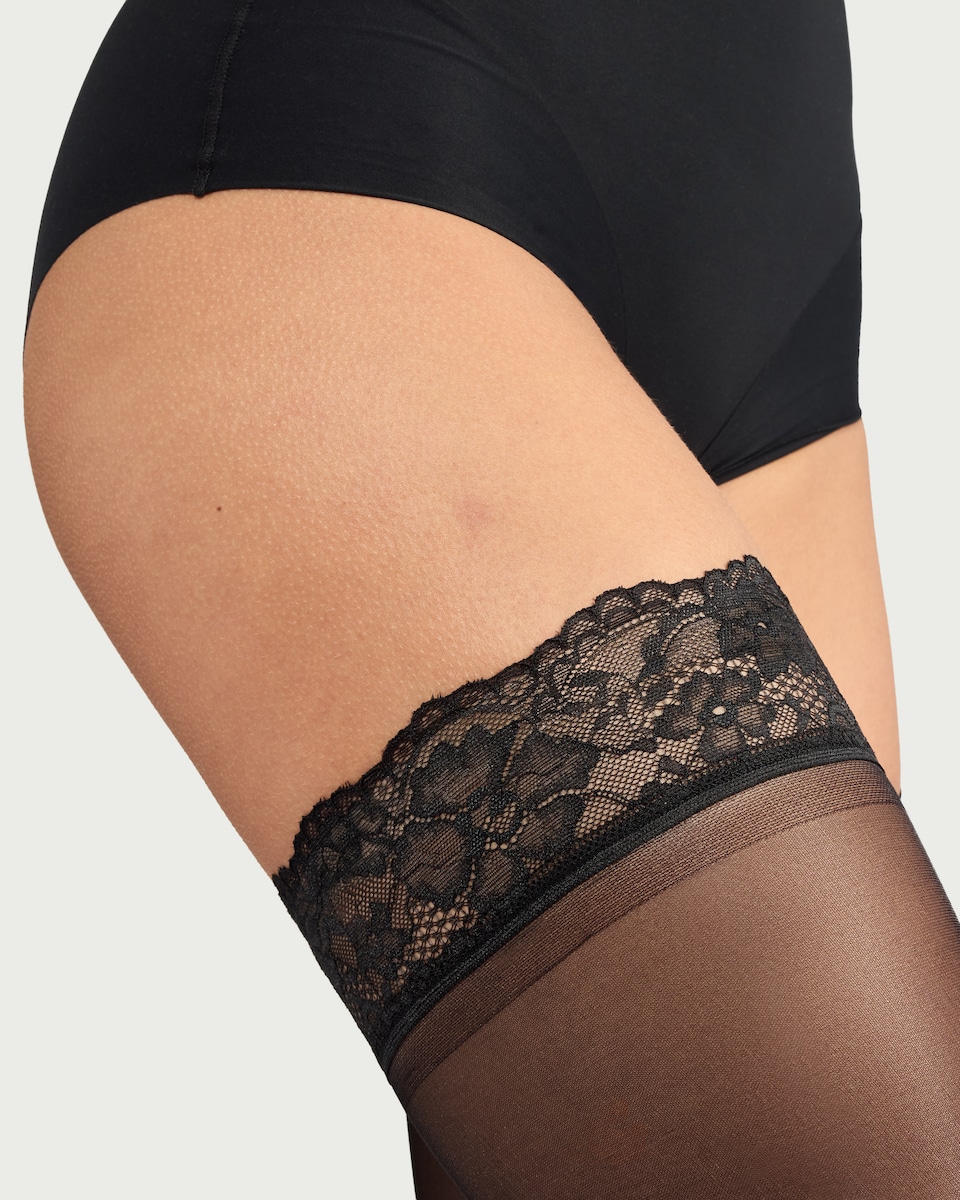 image 1 of F&F Lace Top 20 Denier Hold Ups in Black