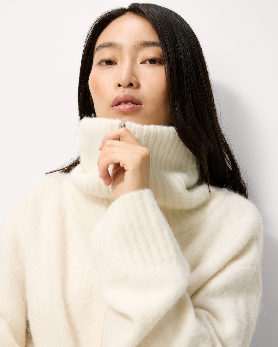 image 1 of F&F Roll Neck Zip Up Cardigan with Wool in Cream