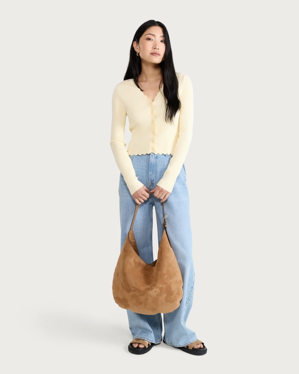 image 1 of F&F Ribbed Scalloped Edge Button Up Cardigan in Yellow