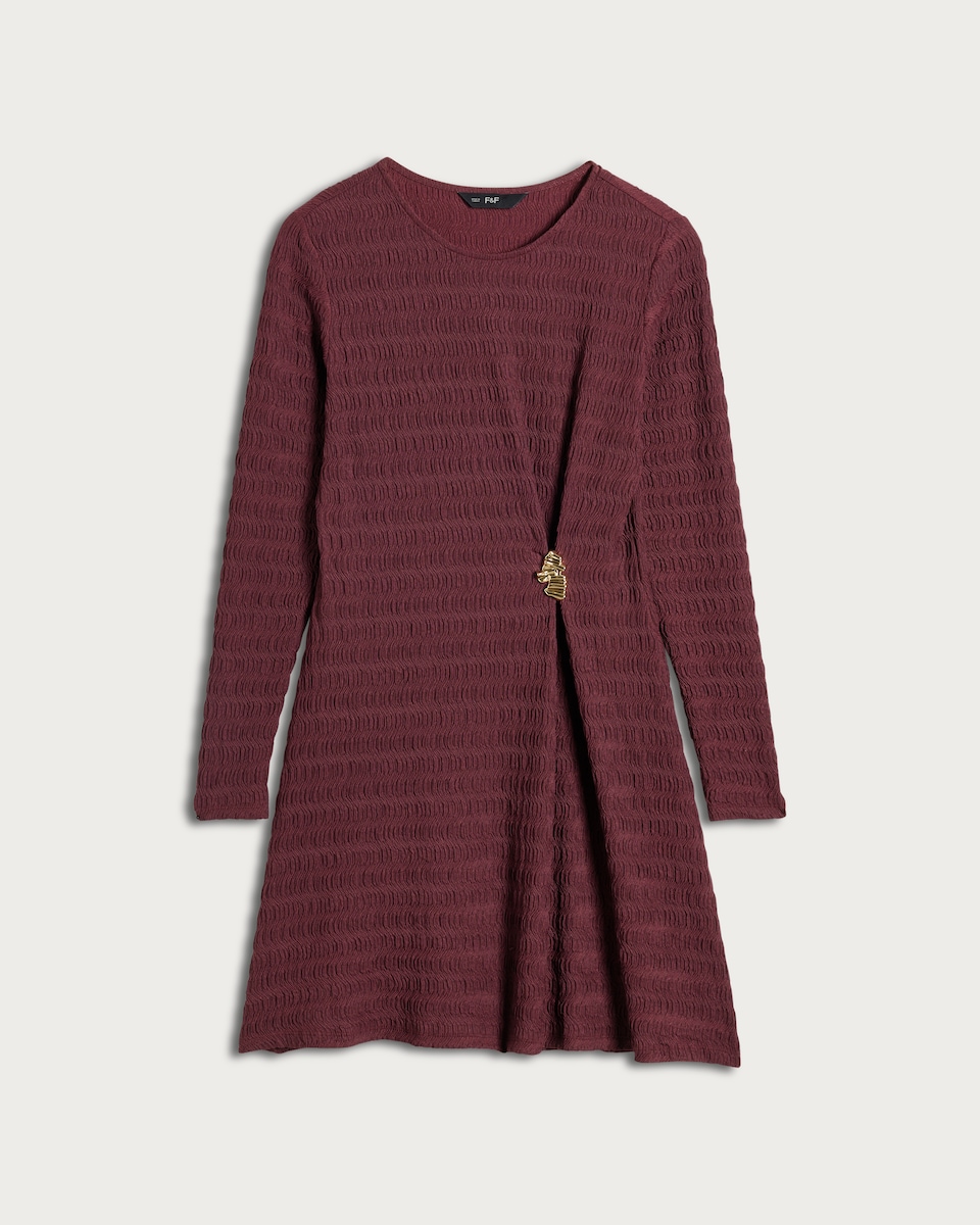 image 1 of F&F Textured Metal Buckle Long Sleeved Dress in Burgundy
