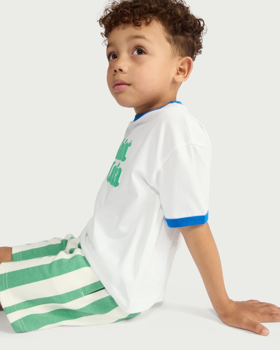 image 1 of F&F Boys 2-Piece Saint Lucia Slogan T-Shirt and Striped Shorts Set in White