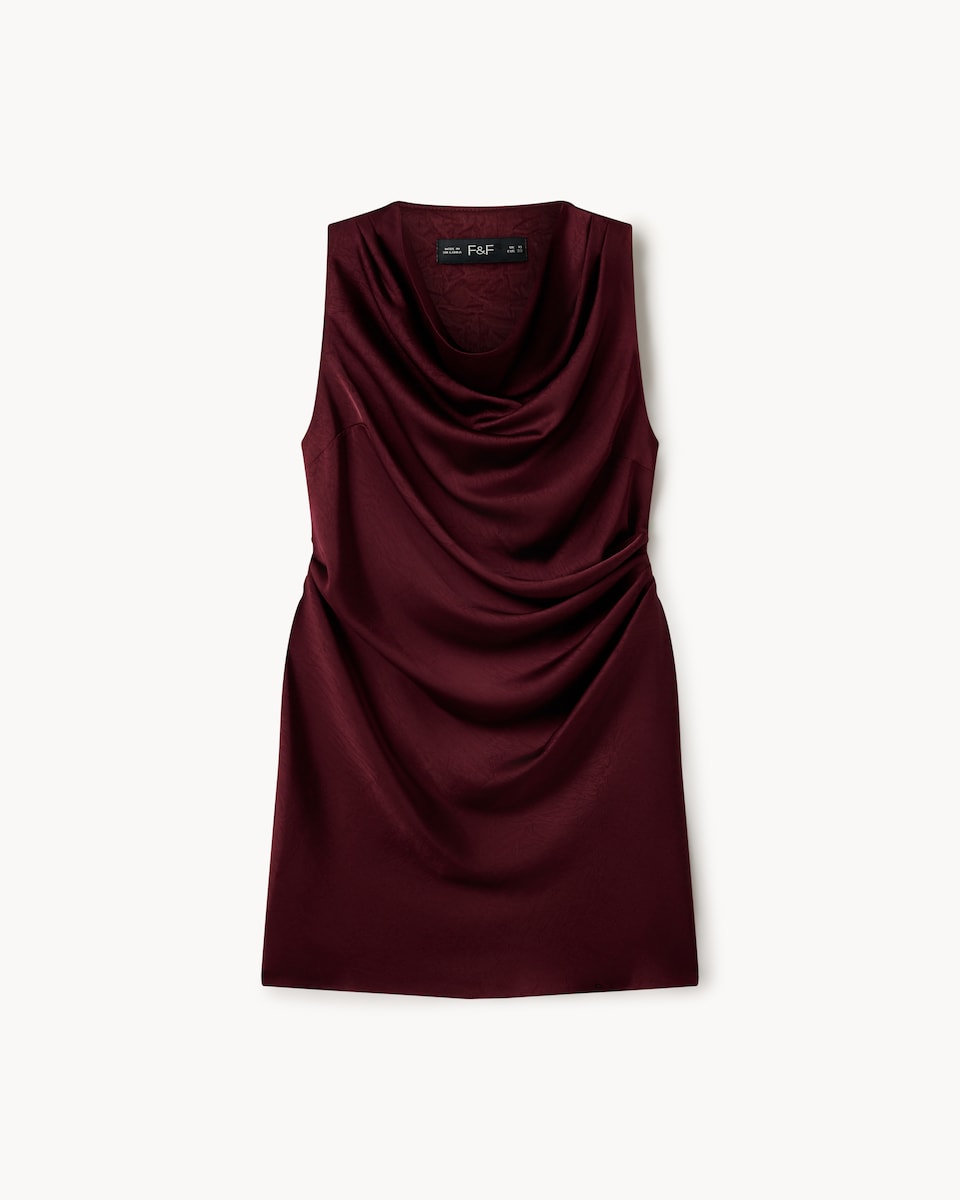 image 1 of F&F Satin Cowl Neck Mini Dress in Berry