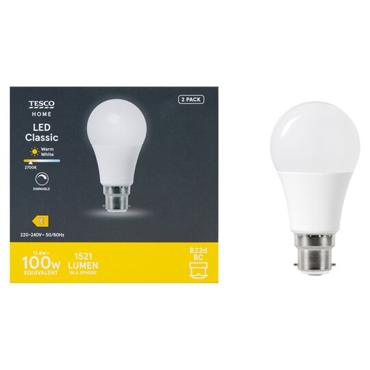 Tesco Led Classic Dimmable Warm White 100W Cap 2 Pack Tesco