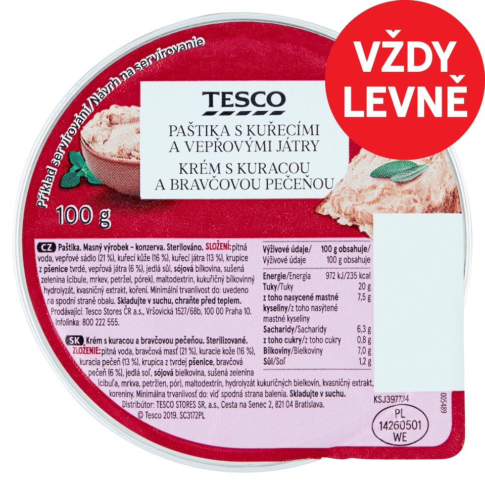 Tesco Paštika s kuřecími a vepřovými játry 100g