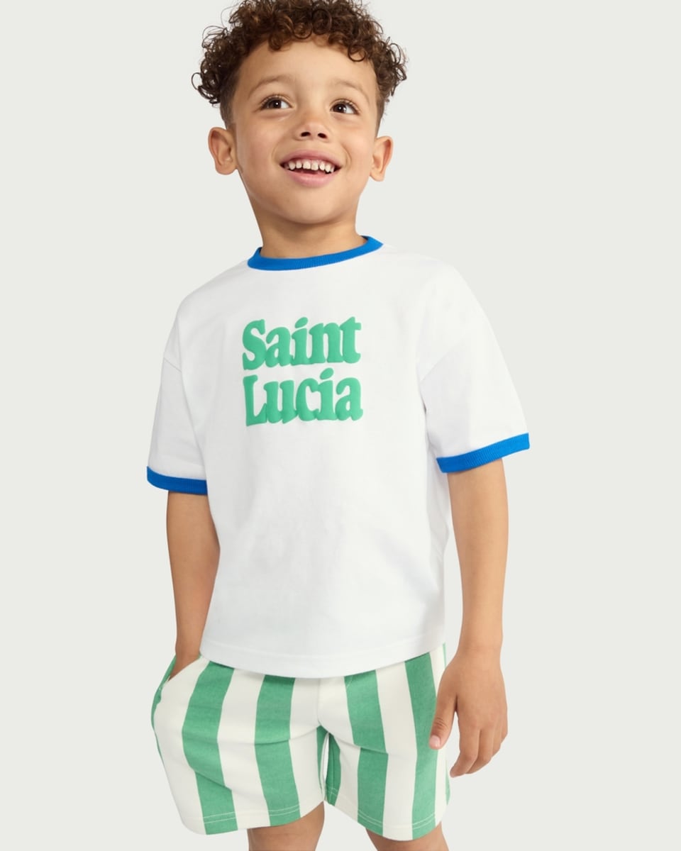 image 1 of F&F Boys 2-Piece Saint Lucia Slogan T-Shirt and Striped Shorts Set in White