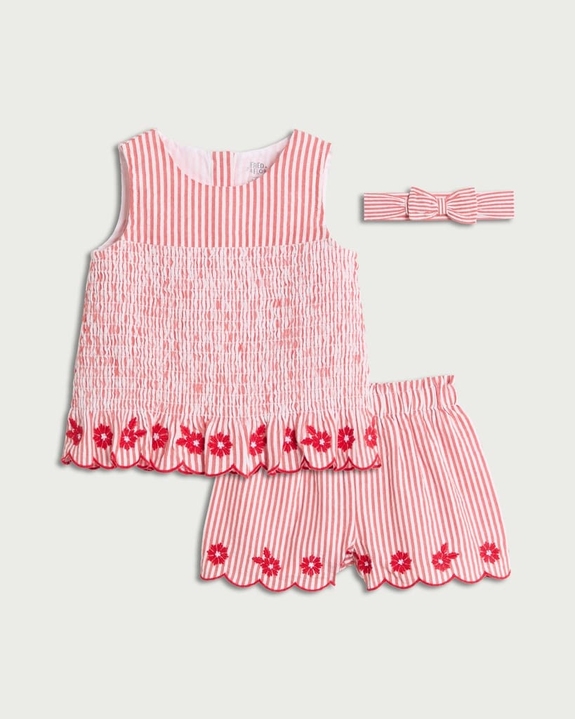 F&F Baby 3-Piece Pure Cotton Striped Embroidered Vest, Shorts and Headband Set in Red
