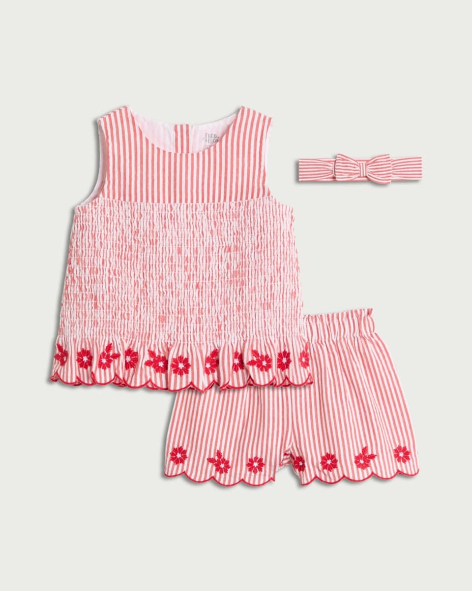 image 1 of F&F Baby 3-Piece Pure Cotton Striped Embroidered Vest, Shorts and Headband Set in Red