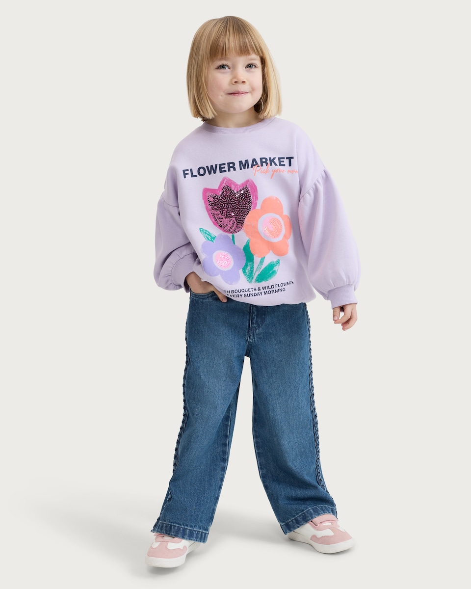 image 1 of F&F Girls Cotton Rich Flower Market Sequin Sweatshirt in Lilac