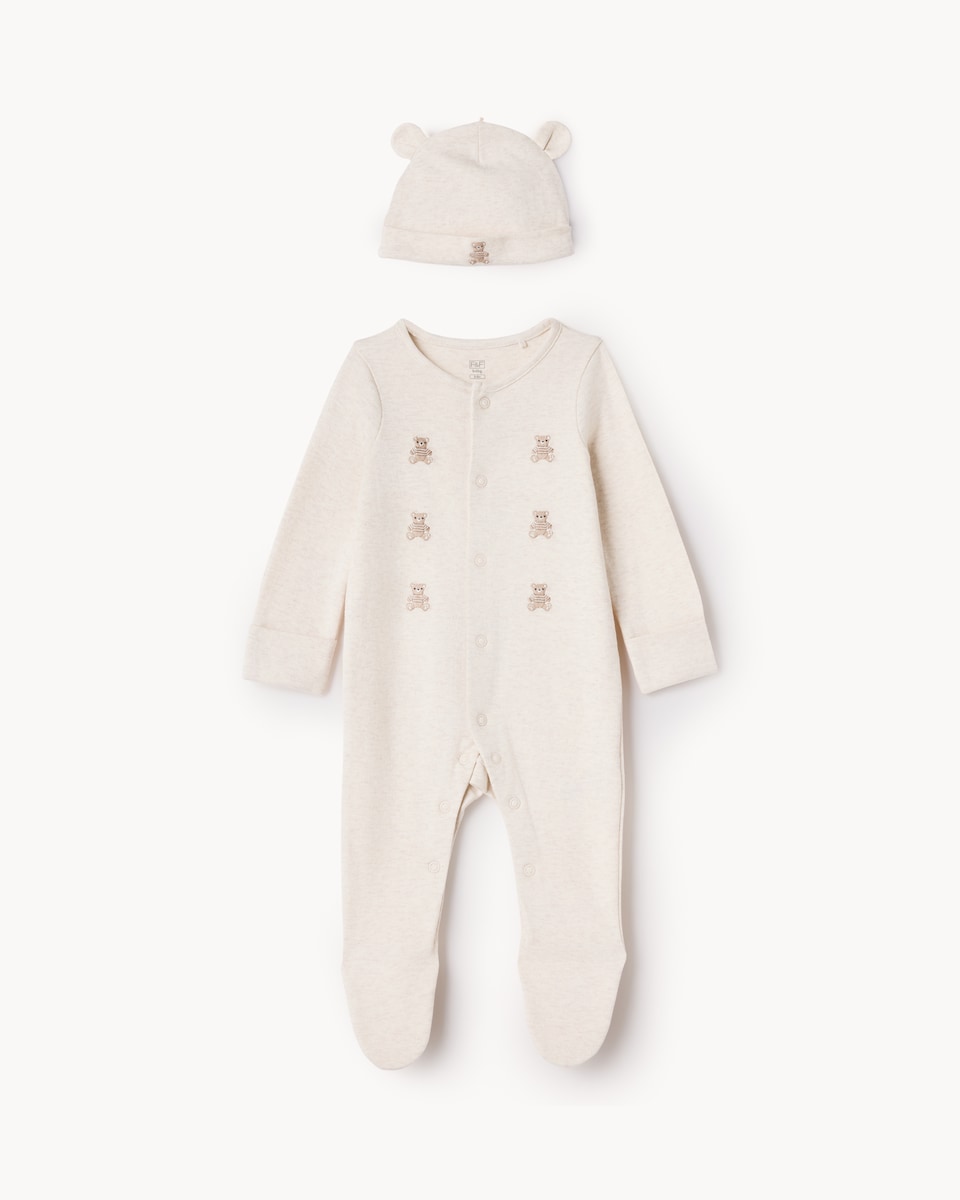image 1 of F&F Baby 2-Piece Cotton Rich Bear Embroidered Sleepsuit and Hat Set in Neutral