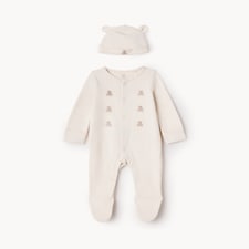 F&F Baby 2-Piece Cotton Rich Bear Embroidered Sleepsuit and Hat Set in Neutral