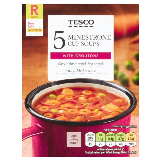 Tesco Minestrone & Croutons Soup In A Mug 5 Pack 115G Tesco Groceries