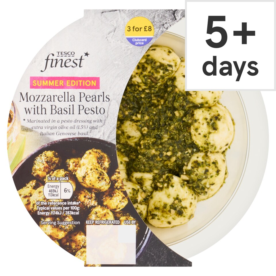 Tesco Finest Mozzarella Pearls with Basil Pesto 160g