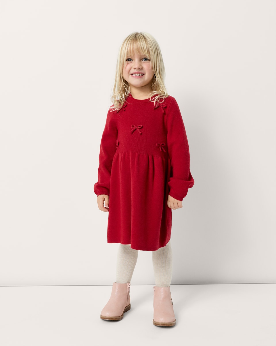 image 1 of Christmas Girls Knitted Bow Dress in Red