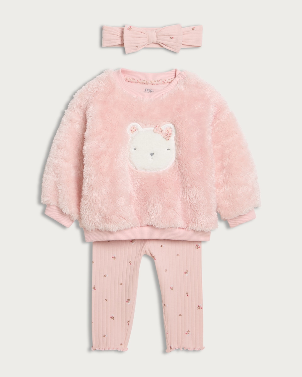 image 1 of F&F Baby 3-PieceTextured Bear Motif Jumper, Leggings and Headband Set in Pink