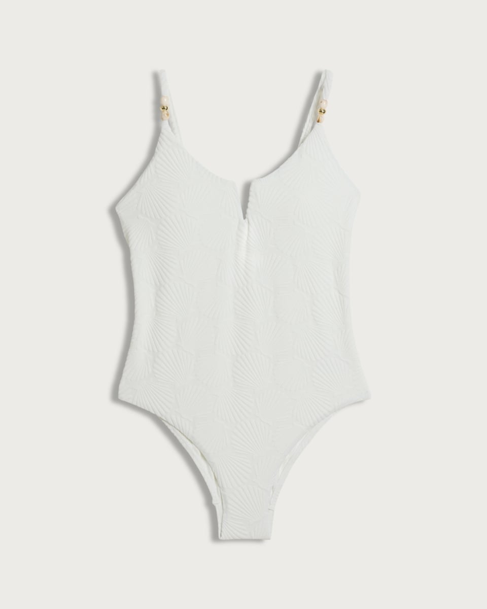 image 1 of F&F Textured Shell Beaded Swimsuit in Cream