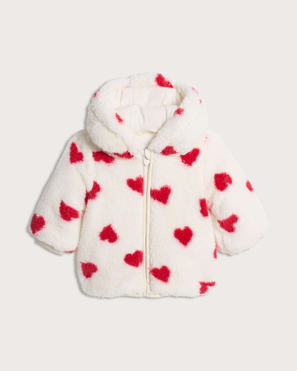 image 1 of F&F Baby Fleece Heart Print Hooded Jacket in White