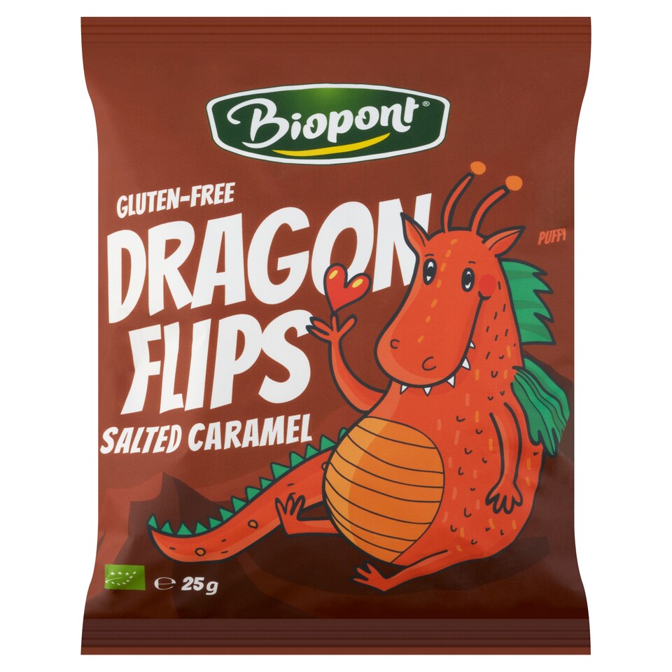 Biopont Dragon Flips Bio gluténmentes, sós karamellás kukorica snack 25 g  1. kép