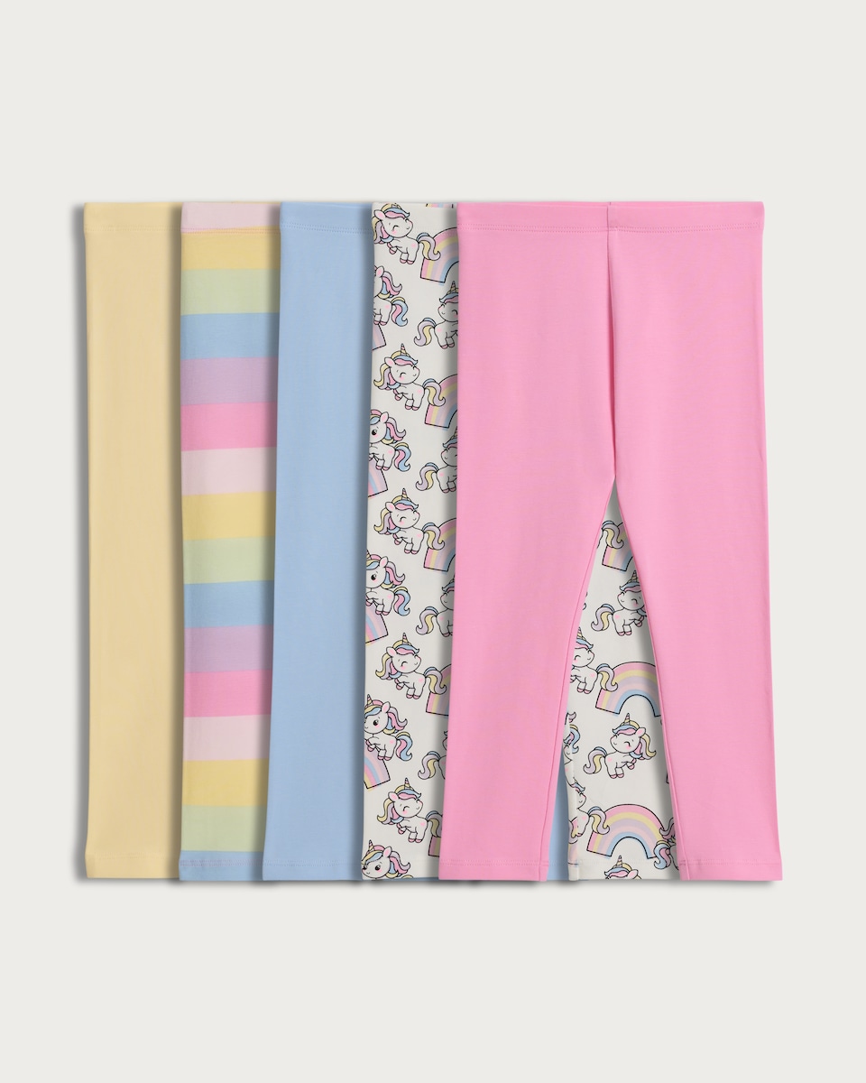 image 1 of F&F Girls 5-Pack Cotton Rich Printed Co-ord Leggings in Multi Pink
